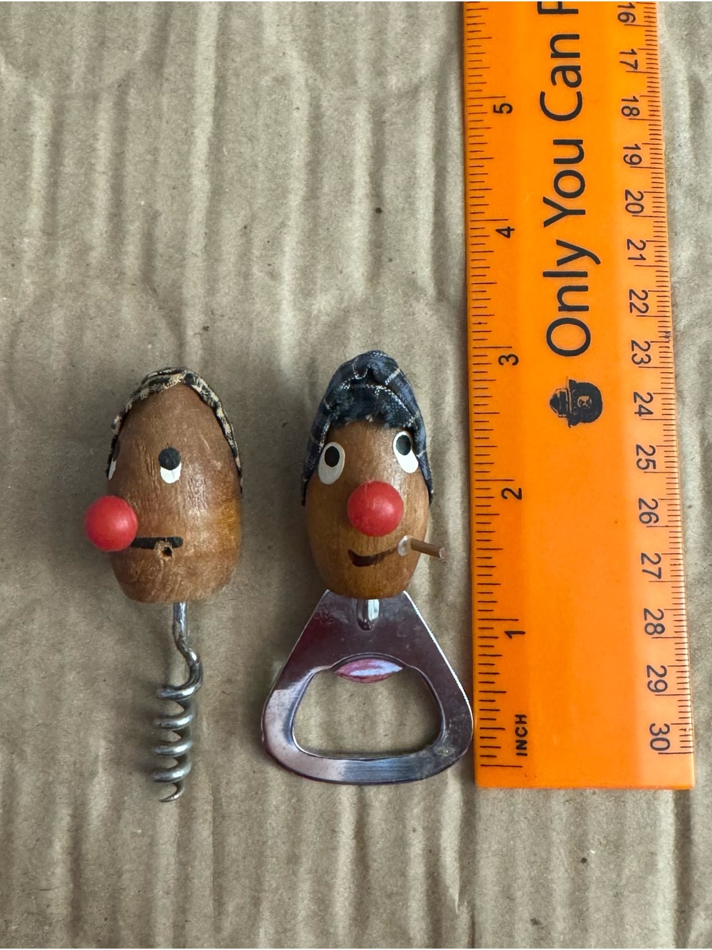 Vintage Novelty “Hillbilly” Corkscrew and Bottle Opener Set - Brown & Red
